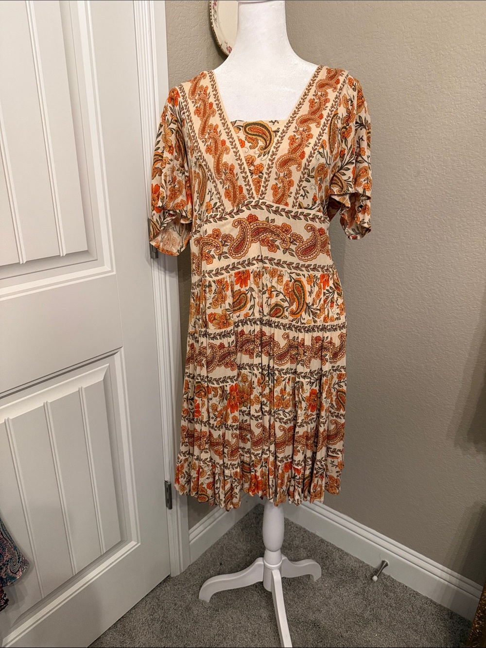 Bila Cream and Orange Paisley Tiered Midi Dress